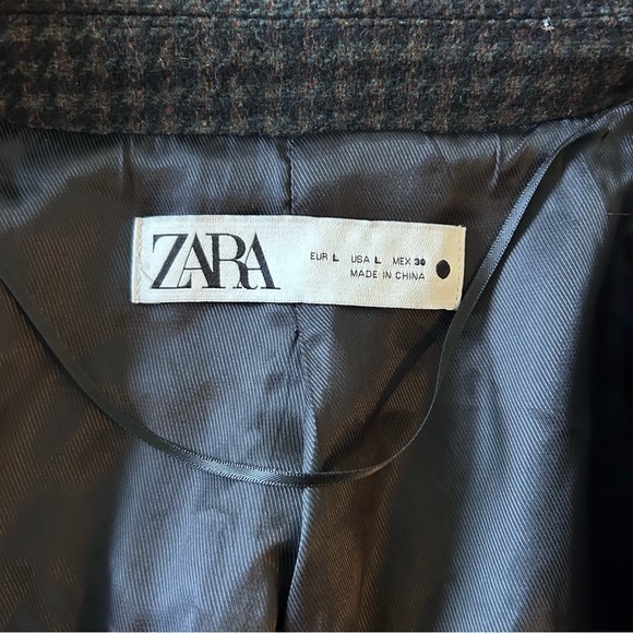 Zara Black and Brown Houndstooth Wool Coat SZ L - Picture 2 of 5